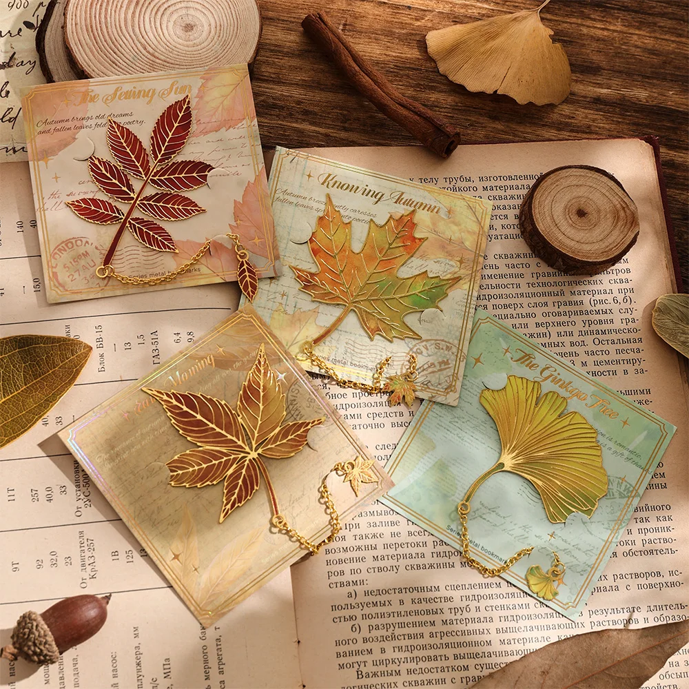 Exquisite Leaf Metal Bookmark with Metal Chain Pendant Maple Apricot Leaf Book Markers Reading Accessories Student Stationery