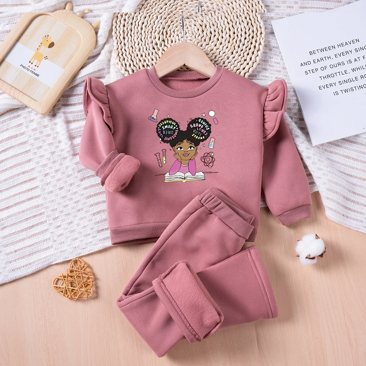 Toddler Autumn/Winter Set Trendy Girl Printed Sweatshirt Set Autumn/Winter Warm Top Pants Set Children\'s Casual Set Daily Wear