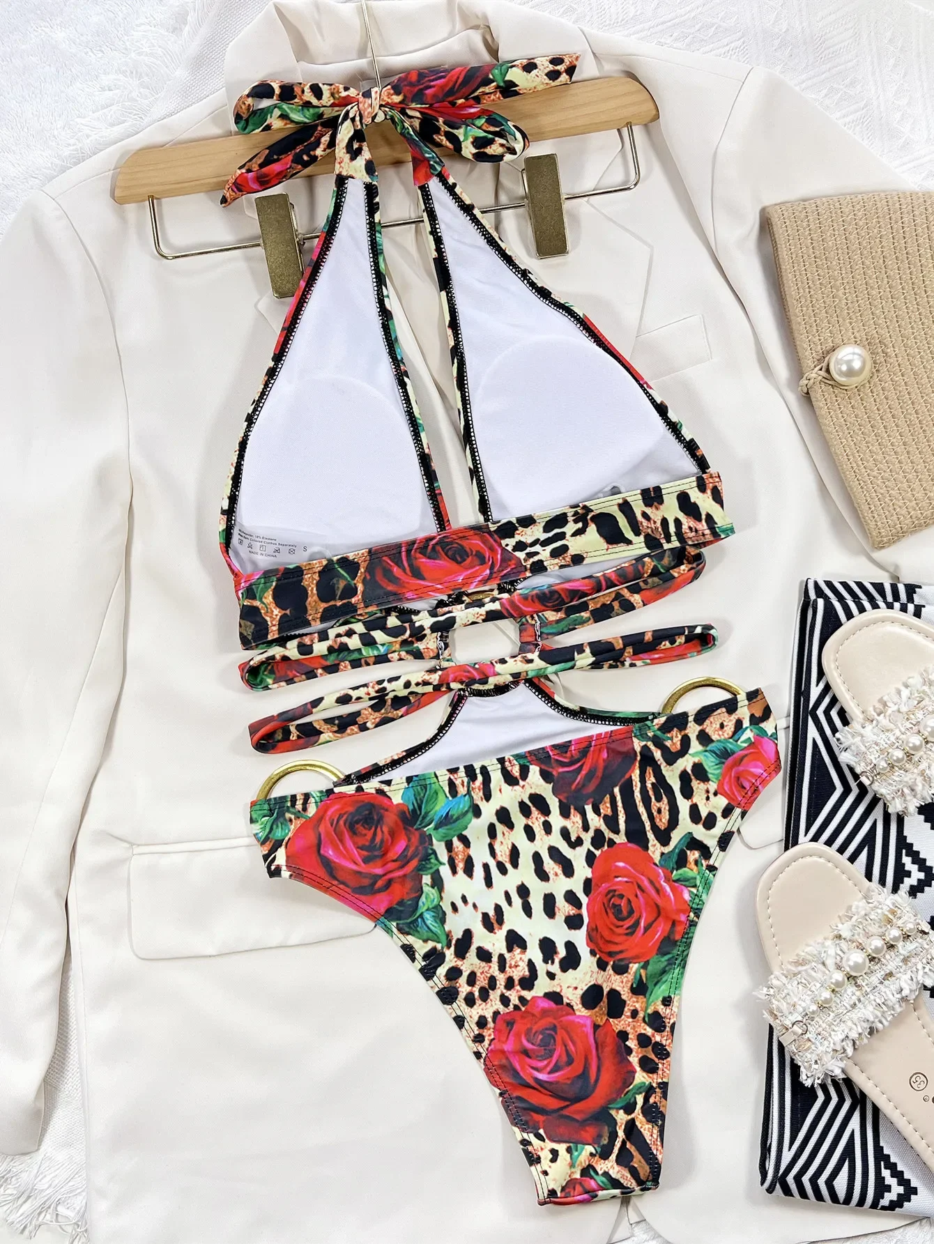 Seksowny strój kąpielowy jednoczęściowy z metalowym pierścieniem w panterkę i różane wzory, wycięty, bikini, body, damskie biquini, kostiumy kąpielowe, tankini