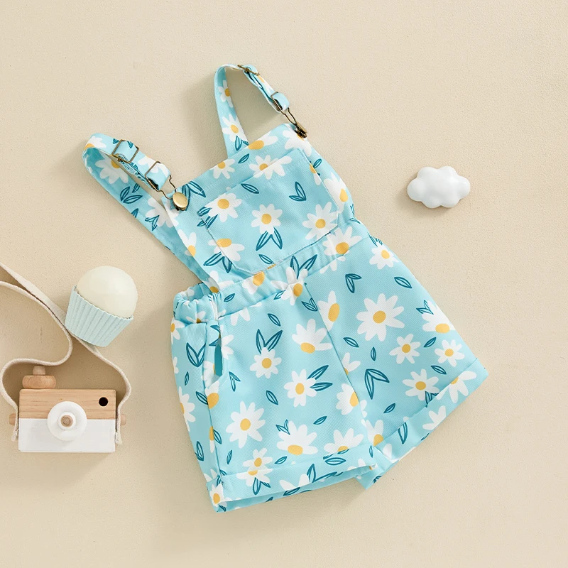 

Toddler Girl Floral Print Suspender Romper with Front Pockets and Sleeveless Design Cute Overalls Shorts