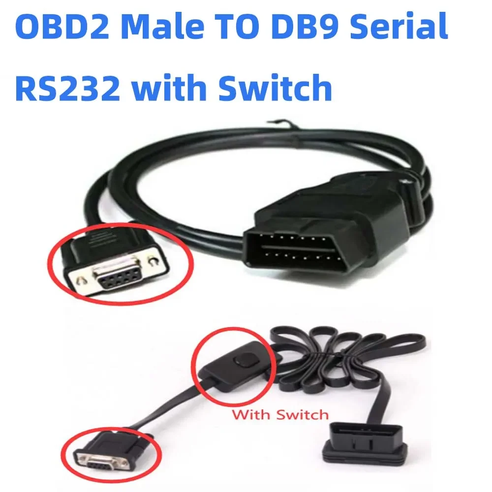 OBD2 16Pin Male Extension Cable Convert DB9 PIN Car OBD 16Pin To DB 9PIN Serial RS232 OBDII 16 Pin To DB9 Female with Switch