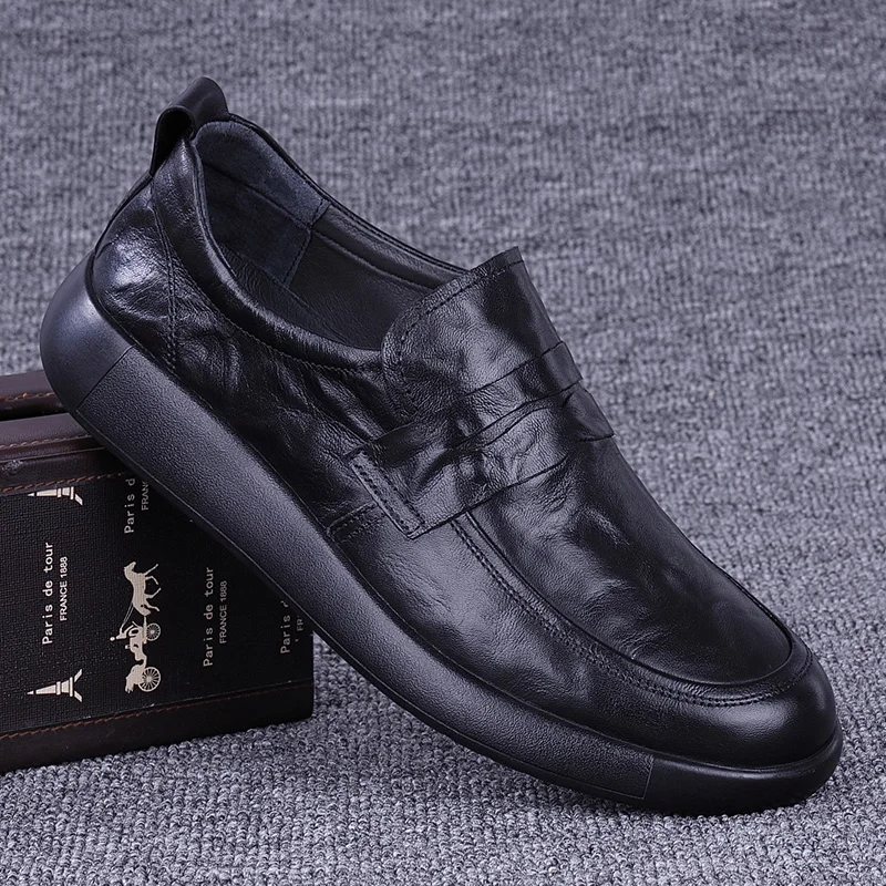 

Мужские повседневные кожаные туфли 2025 года, новая модель, из натуральной воловьей кожи высшего слоя, черные, в британском деловом стиле, удобные, дышащие