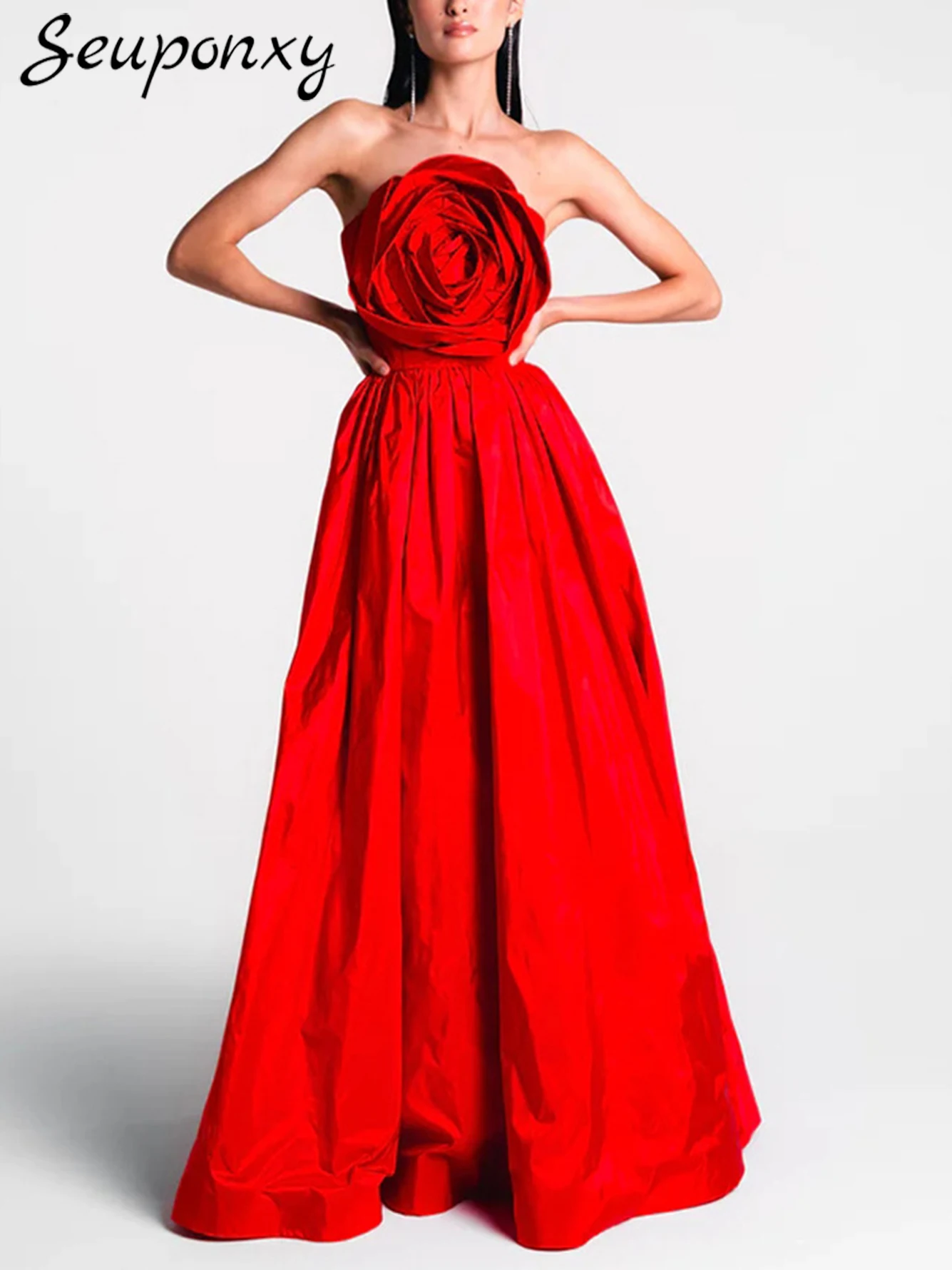 

High Quality Women'S Red Maxi Dress 2024 Sexy Strapless Backless 3D Flower Elegant Evening Celebrity Party Club Dress Vestidos