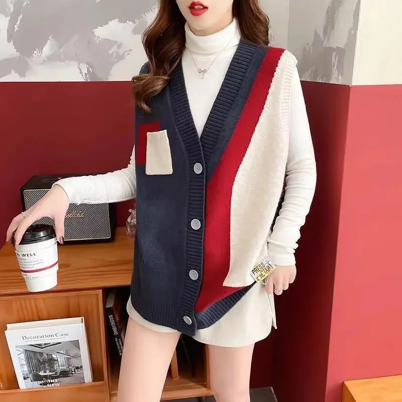 Autumn Winter V-neck Female Vest Korean Color Blocking Ladies Waistcoat New Sweater Women Sleeveless