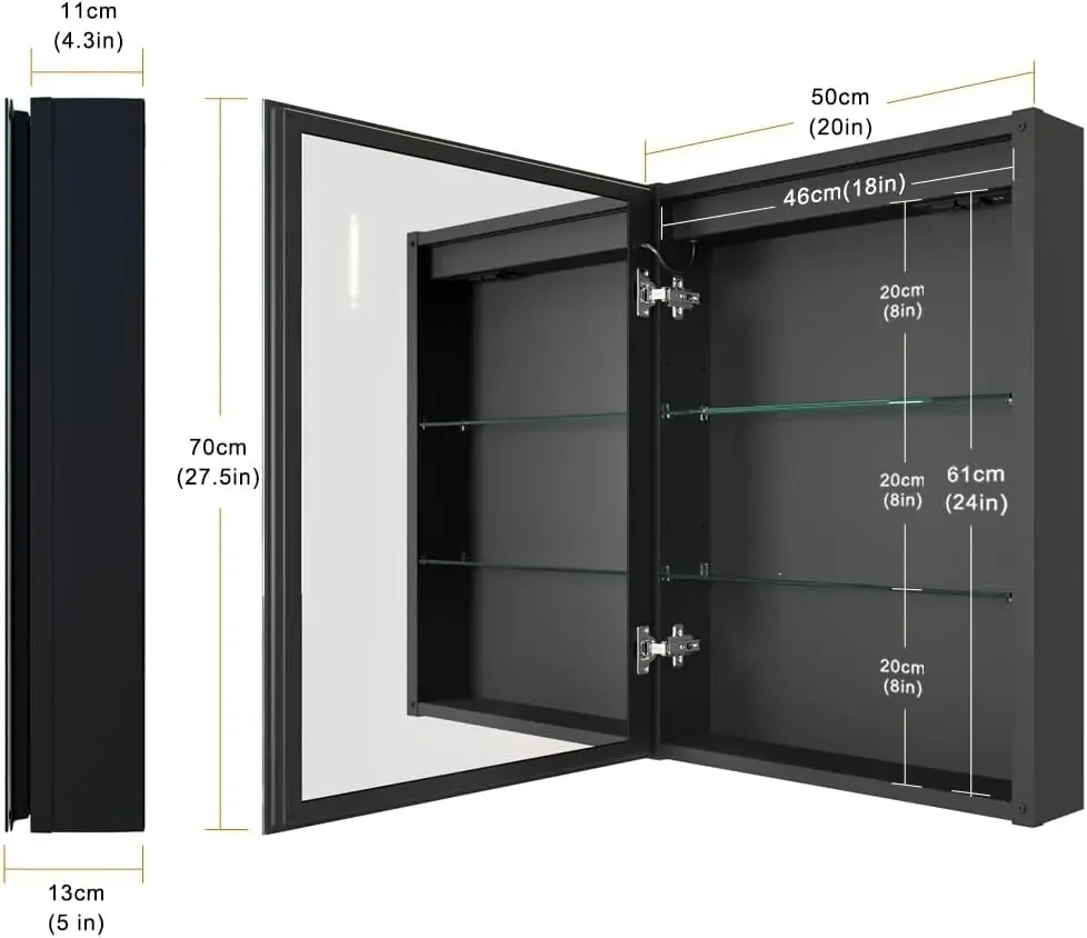 20 x 28 Inch LED Lighted Bathroom Medicine Cabinet with Sockets & USBs, Defogger, Dimmable, 3 Color Light Makeup Mirror, Easy to