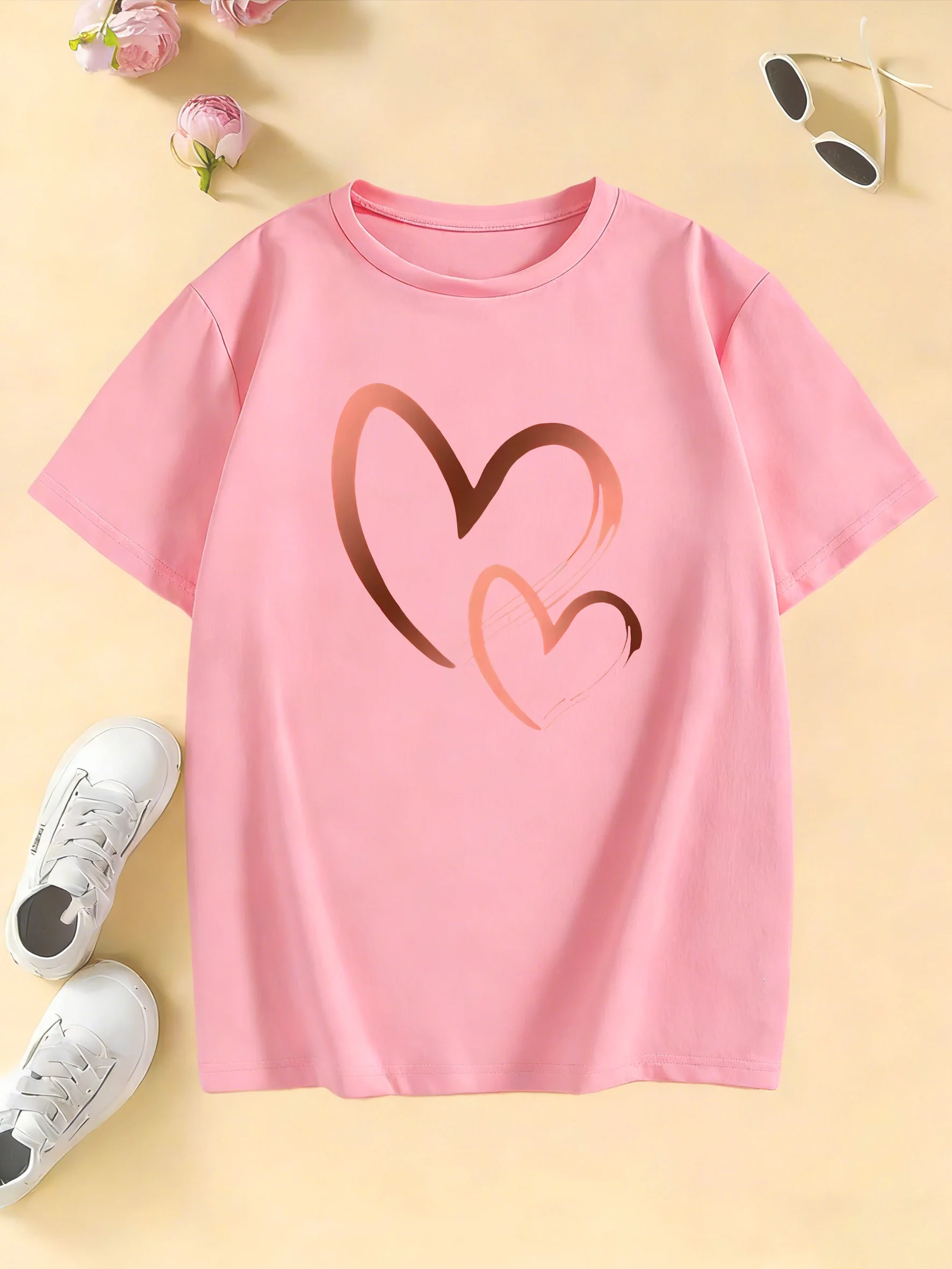 Vintage Fashion Girls Love Heart Design T Shirts Kids Children's T-shirt Girls Summer Spring Casual Top Tee view 2