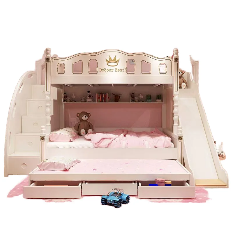 

Hot Sales Elegant Luxury Modern Castle Design Solid Wooden Bunk Bed Slide Drawers Eco-Friendly Bedroom Furniture For Boys Girls