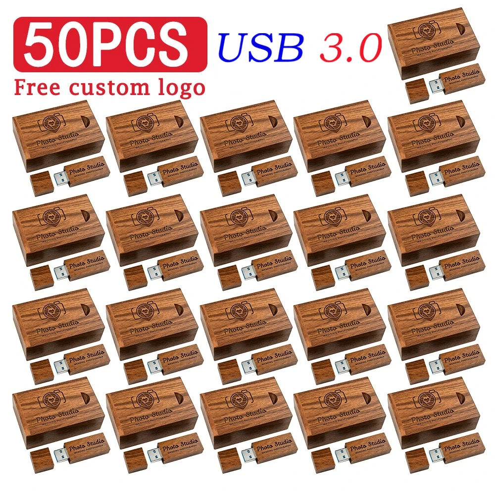 50PCS LOT USB 3.0 Flash Drives 128GB Free Custom Logo Pen Drive 64GB Maple Wood Pretty Box Memory Stick 32GB Business USB Stick