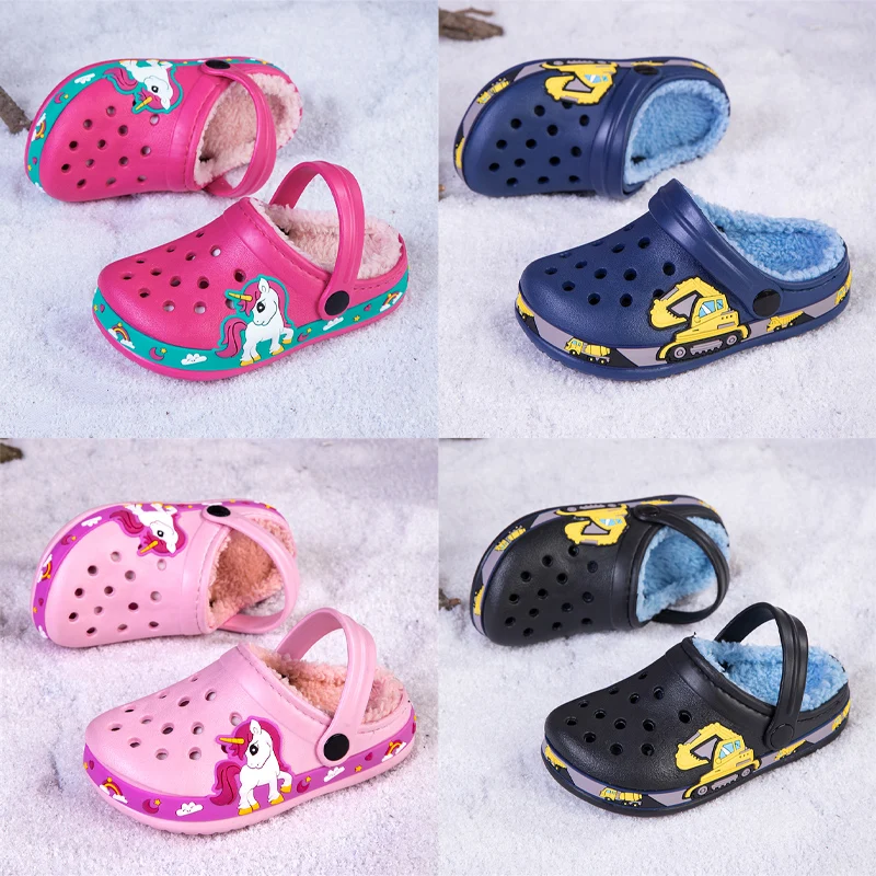 

Winter Children Clogs Baby Boy Girls Cotton Shoes Cute Cartoon Printed Slippers Sandals Indoor Home Toddler Plush Slippers