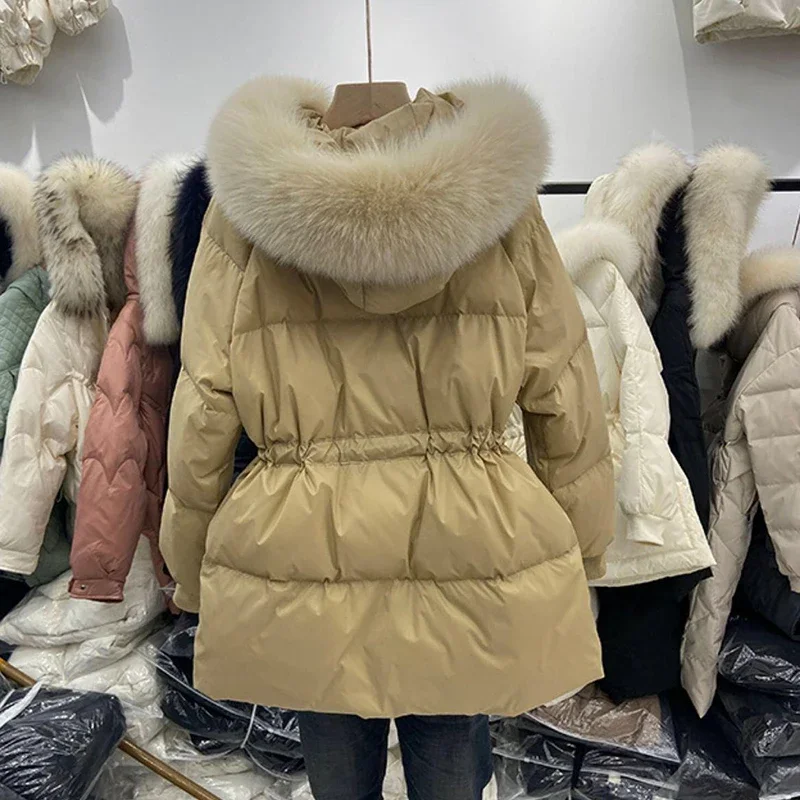 2024 Winter Women\'s Down Jackets Ultra Light Warm Coat Female Jacket Woman With a Belt Hooded Parka Big Fur Collar Overcoat