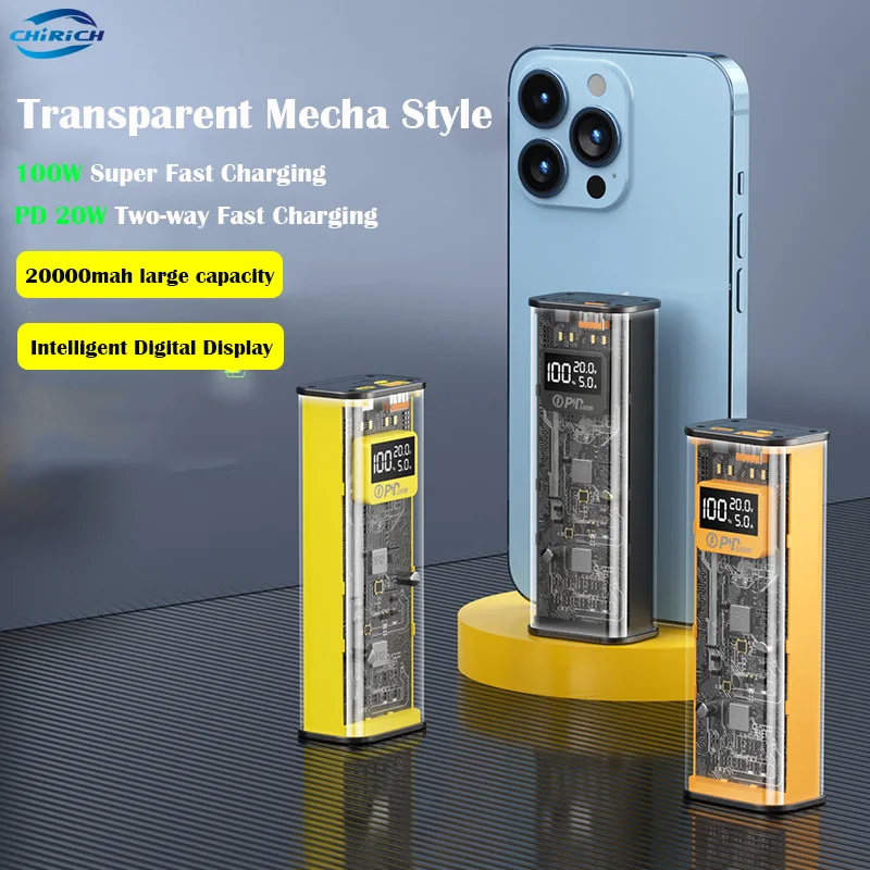 

20000mAh Transparent Power Bank 100W Fast Charging Powerbank Portable External Auxiliary Battery For iPhone Xiaomi Samsung