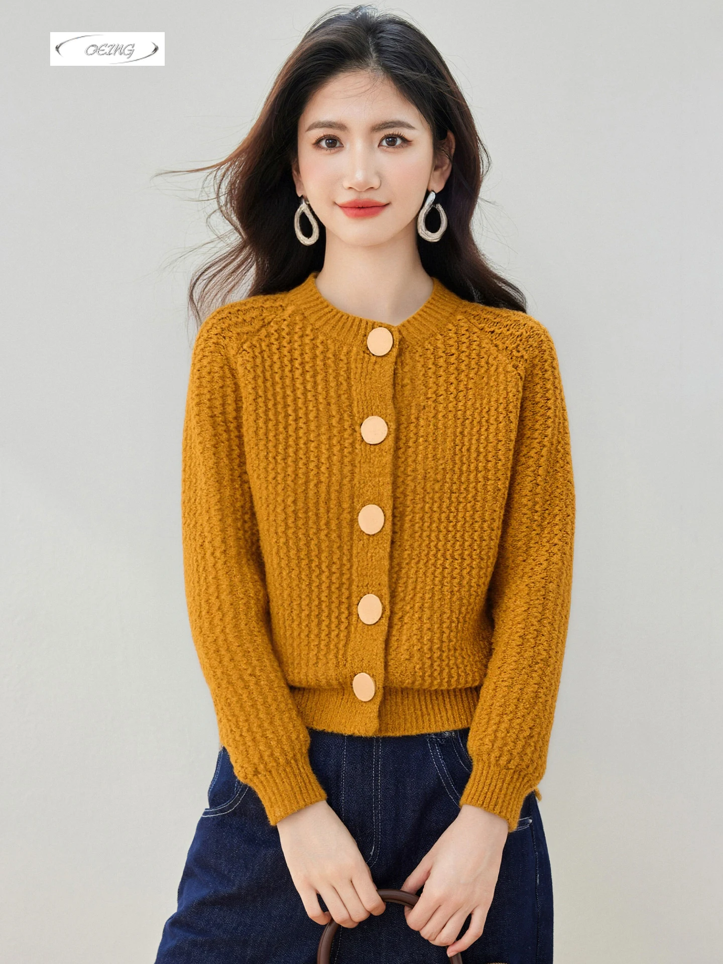 

Свитер с круглым вырезом для женщин, однобортный однобортный тонкий однотонный вязаный кардиган с длинными рукавами, пальто, осень-зима, короткий трикотаж 9700