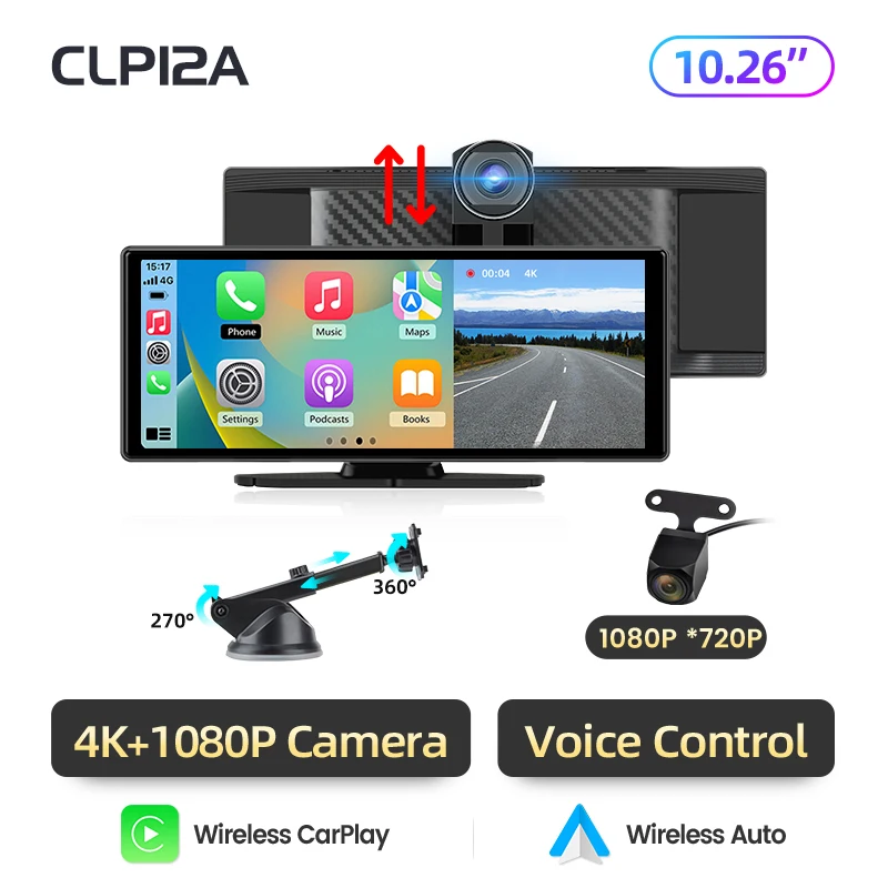 Junsun 10,26 inch Dashcam 4K Auto DVR Draadloze Carplay voor Apple Android Auto GPS Navigatie Dashboard Videorecorder IPS Touchscreen Dubbele Lens Achteruitrijcamera BT Audio AUX WIFI FM