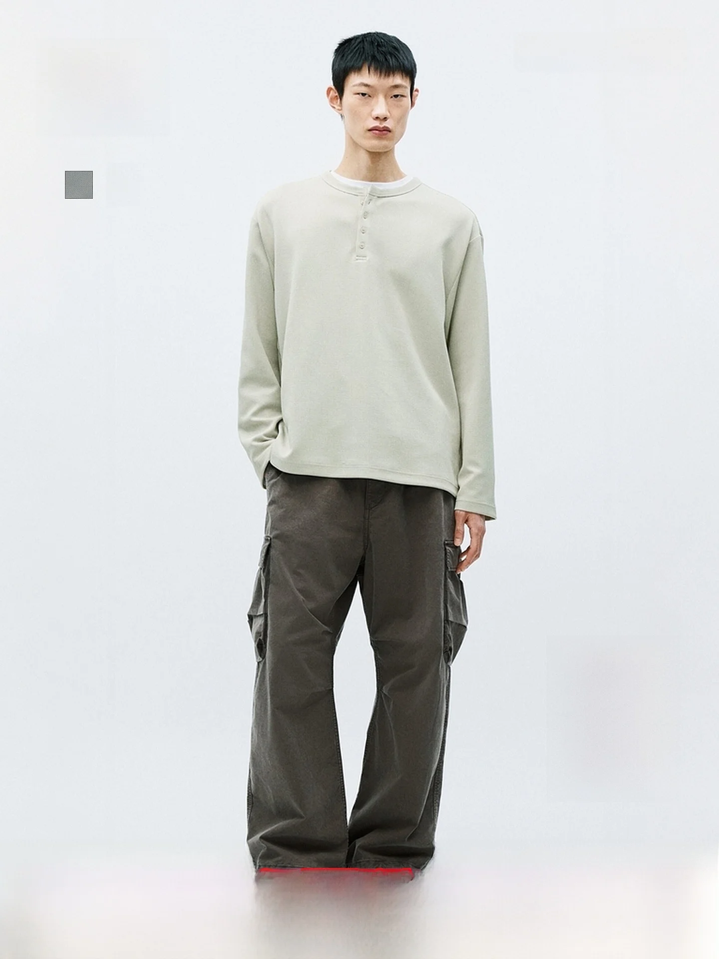 

H&M Men's T-Shirt 2026 Summer New Fashion Loose Waffle Henry Long Sleeve Casual Style Polyester Fiber Elastic Fiber Shirt