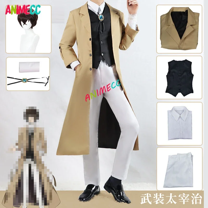 Anime Dazai Osamu Cosplay Traje para Homens e Mulheres, Jaqueta Longa, Casaco, Uniforme de Festa Halloween, Peruca