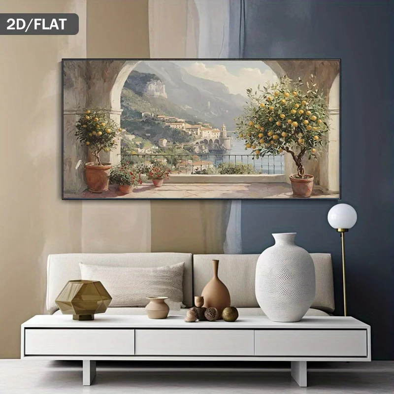 2D/Flat 1pc Large Modern Lemon Trees Canvas Wall Art, Frameless Abstract Sea View Canvas Painting for Living Room, Bedroom Decor