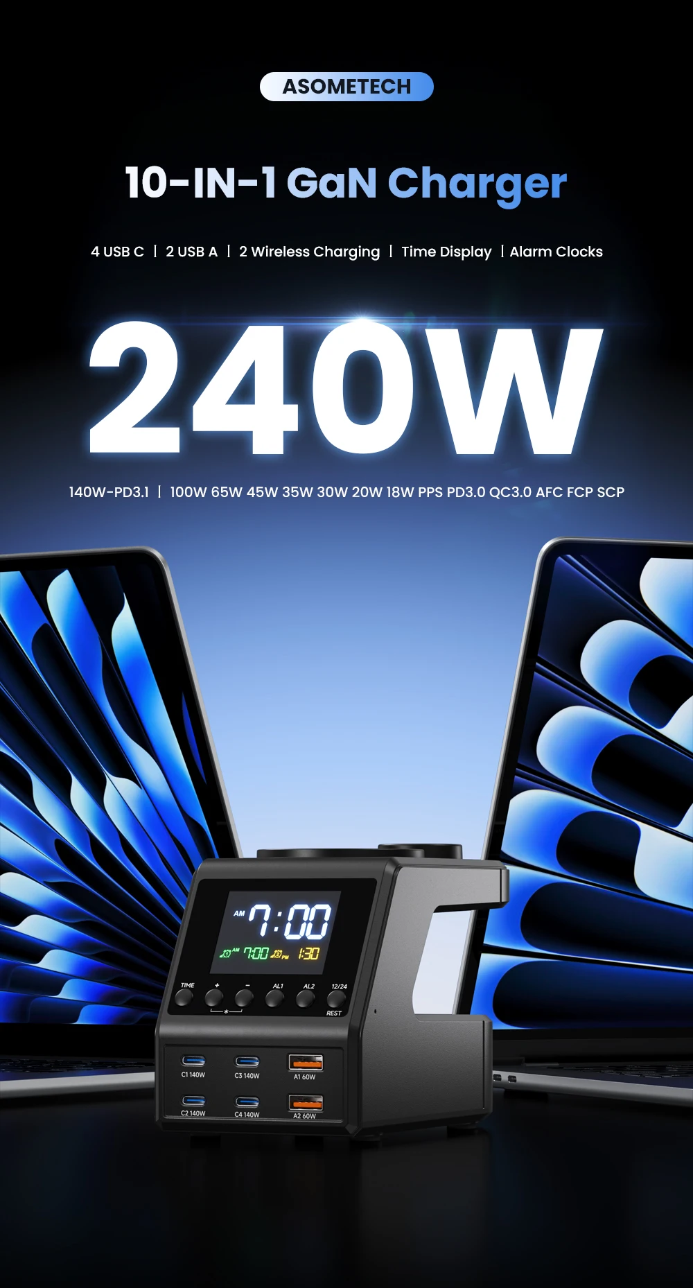 240W GaN Charger Station 4×140W PD3.1 USB Type C Wireless Fast Charger for MacBook iPad Samsung Alarm Clock Time Display