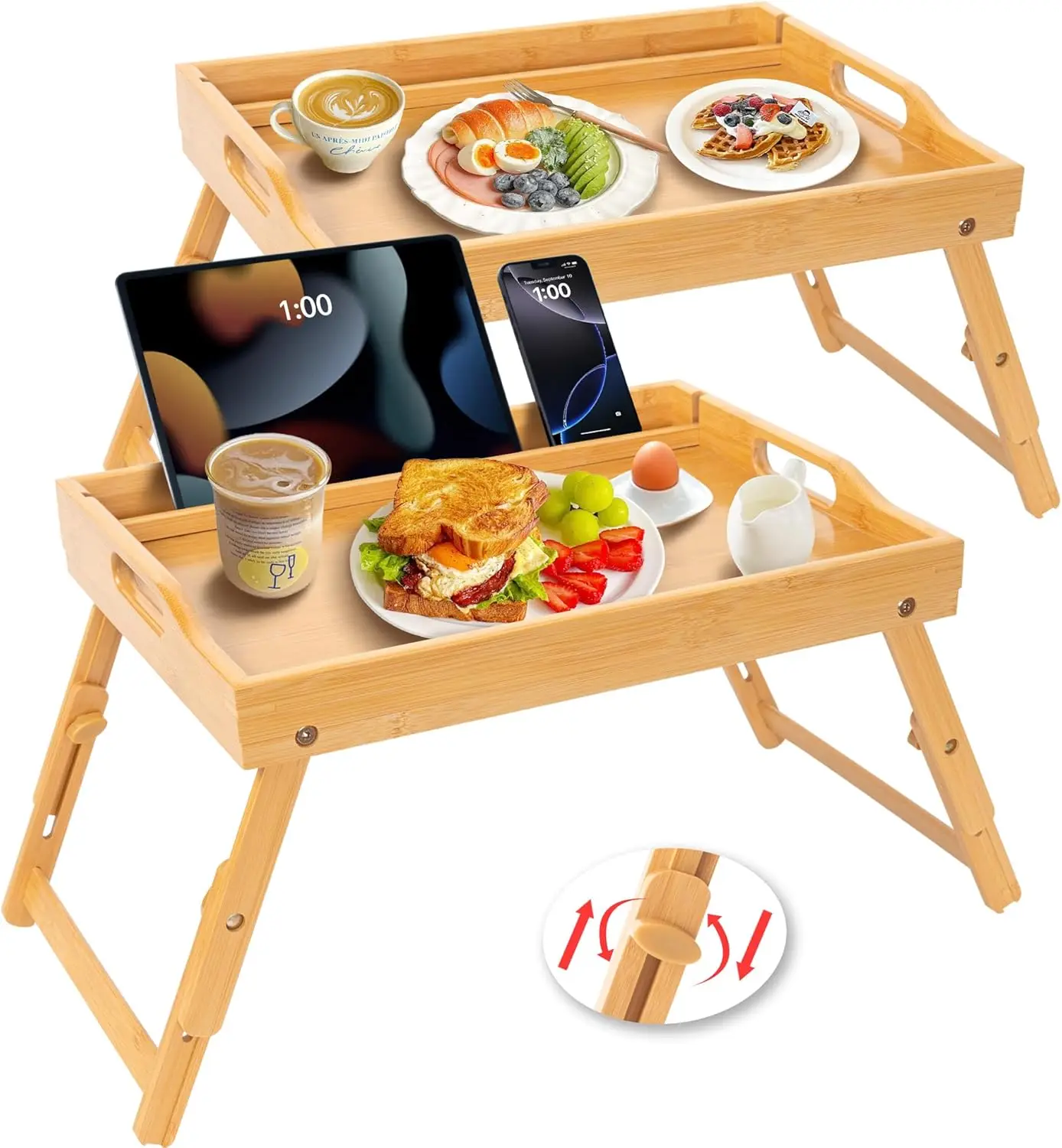 

2 Pack Bamboo Bed Tray Table with Handles, Folding Legs, Media Slot, Laptop Desk, Snack & TV Tray