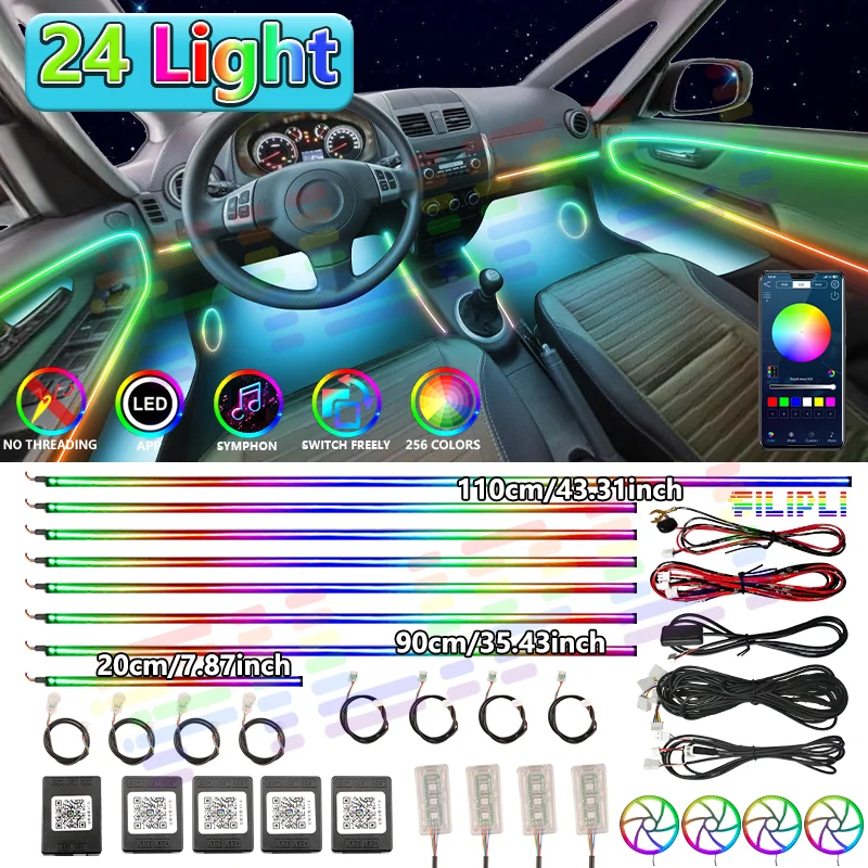 24 In1 Universal Car Acrylic LED Ambient Lighting RGB 64 Colors APP Control Auto Interior Neon Atmosphere Lamp For BMW F10 E60
