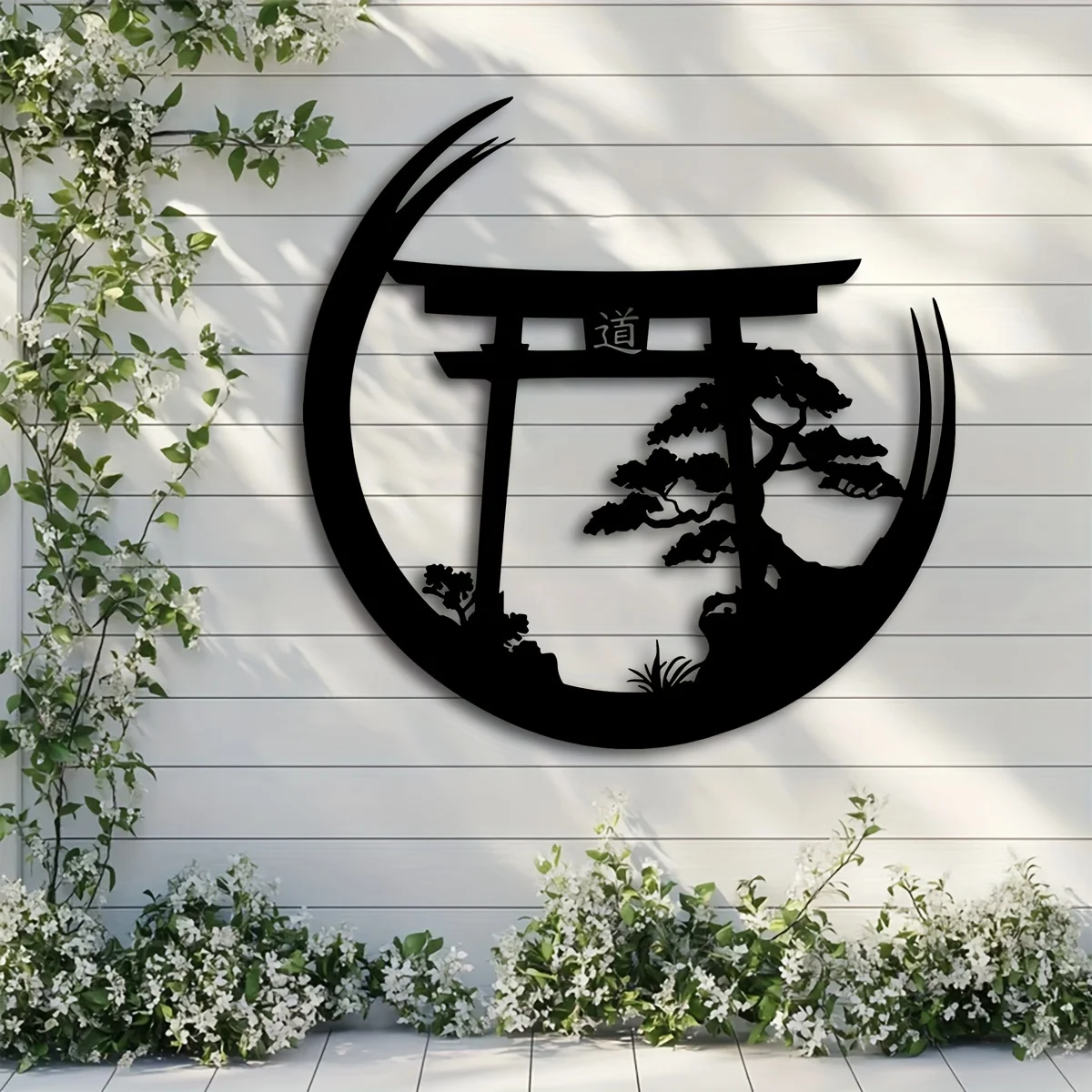 2D Housewarming Iron Mural Gift 1pc Japanese Bonsai Tree Torii Gate Wall Sculpture Metal Wall Art, Elegant Hanging Decoration