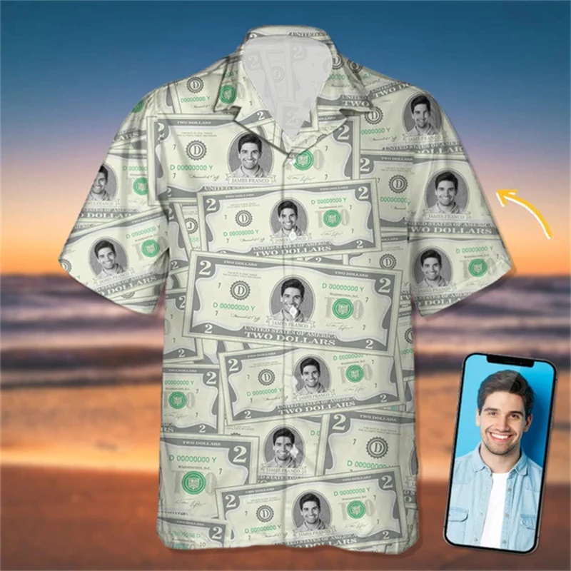 Hawaiian Shirts Custom Face 3d Diy Dollar Print Buttons Shirt Short Sleeve Sleeve Hawaii Designer Shirts Man Clothing New Blouse