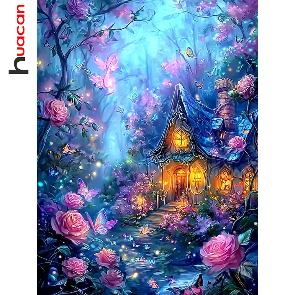 Huacan Neuheiten 2026 Diamantmalerei Waldhaus Diamantmosaik Landschaft Blumen Komplettset Bastelset