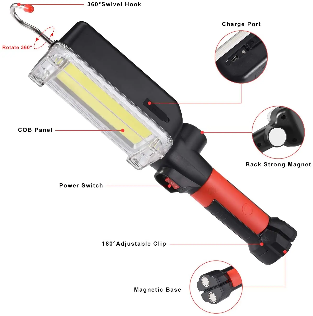 Handheld COB LED Work Light Auto Maintenance Lamp 18650 Rechargeable Flashlight Torch Work Lamp with Hook Magnet