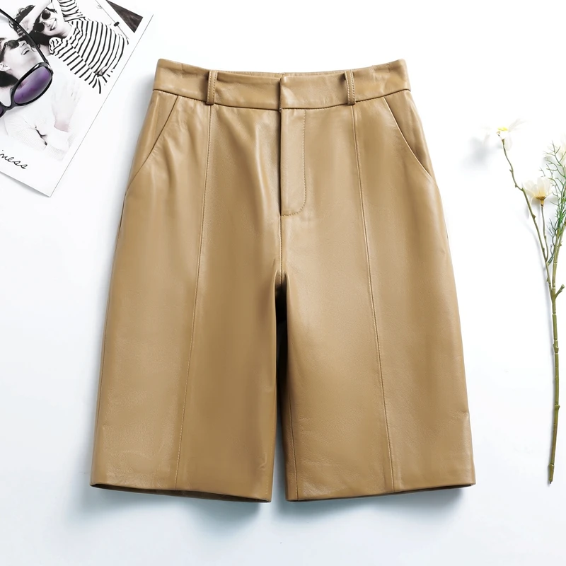 

New Autumn eepskin Leather orts Women's Genuine Leather High Waist Wide Leg Casual Pants Faionable Versatile Sle