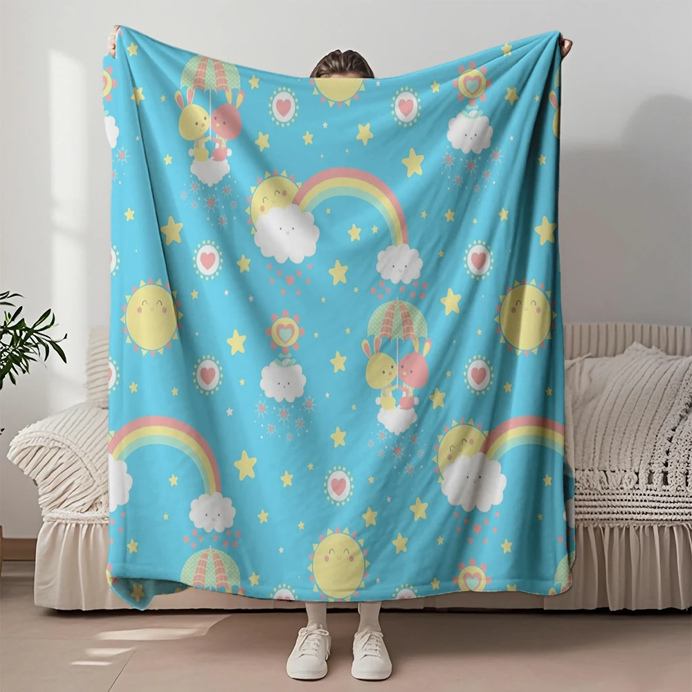 

Quality Flannel Bed Blanket Clouds Rainbow Sun And Mid-century Modern Coverlet Knit Throw Anti-pilling Odor-resistant Blankets