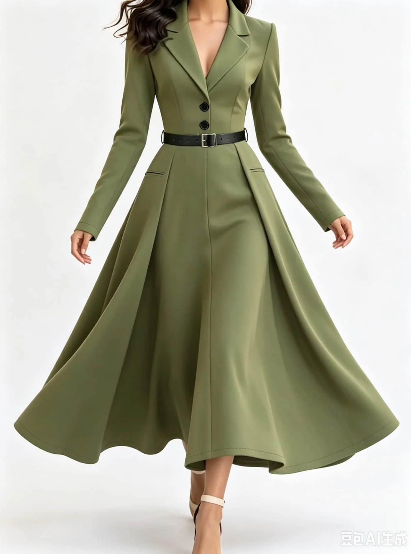 Damenkleid im Anzugstil mit Reverskragen, V-Ausschnitt, mittellang, langen Ärmeln, tailliert mit Gürtel, großem A-Linien-Saum, mit Taschen, geeignet für Pendler, formelle Anlässe und Partys. – Detail 4