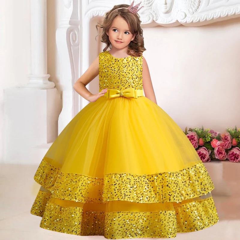 Children\'s Sequins Bowknot Princess Dress Girls\' Fashion Pearl Cake Long Dress Christmas Banquet Host Show Dress