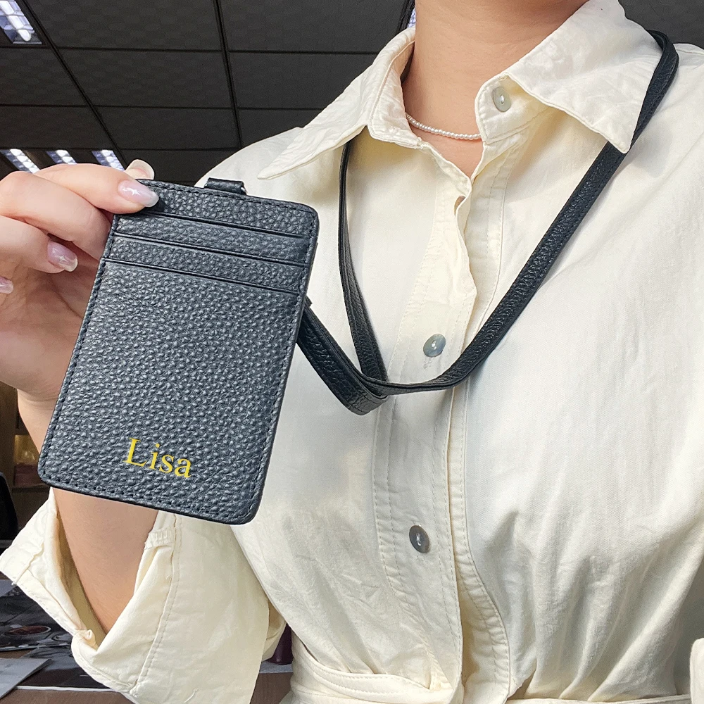 اسم مخصص حامل بطاقة العمل الجلدية متعددة الوظائف، الحبل للرجال والنساء، بطاقة الائتمان، بطاقة الهوية، حامل بطاقة المحفظة #2