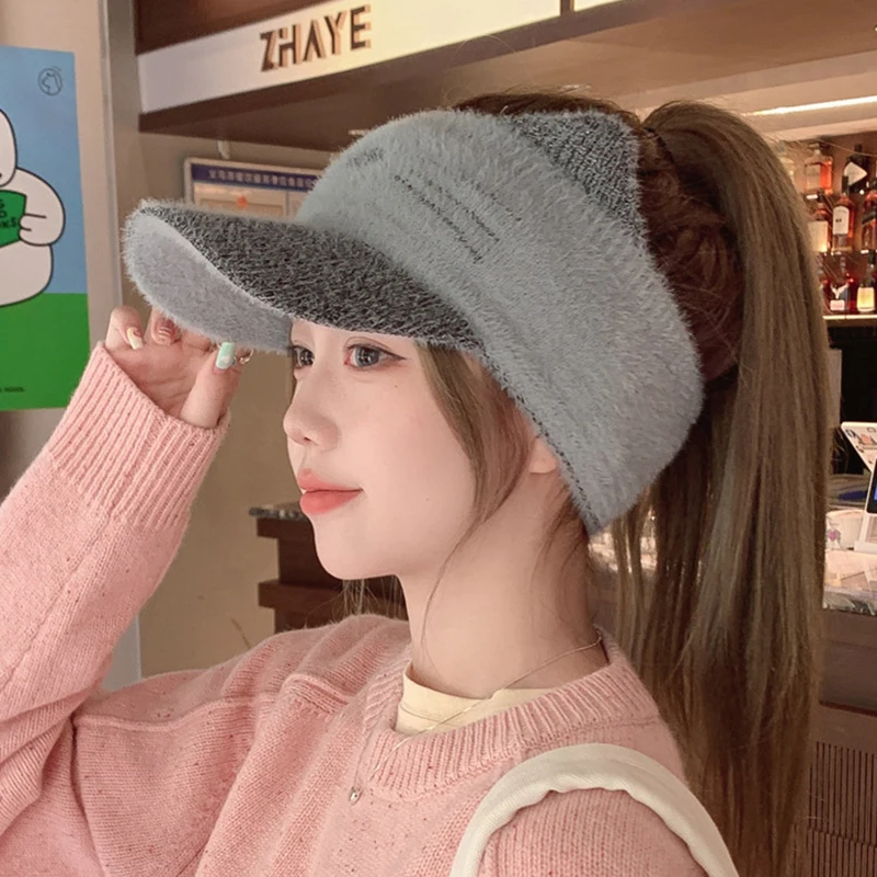 Autumn and winter knitted wool cap Warm plush hollow cap Cat-shaped wool cap Women\'s duck tongue cap Knitted ponytail cap