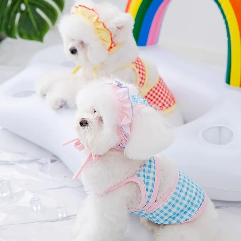 

Dog New Swimming Clothes Teddy Colorful Plaid One-piece Halter Pet Bikini Summer Dog Clothes Cute Pullover With Hat