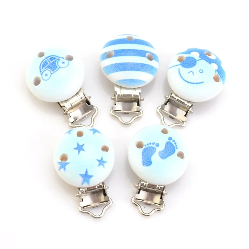 5PCs Blue boy Color Baby Pacifier Clips Wood Metal Holders Cute Infant Soother Clasps Funny Accessories 4.8x2.9cm