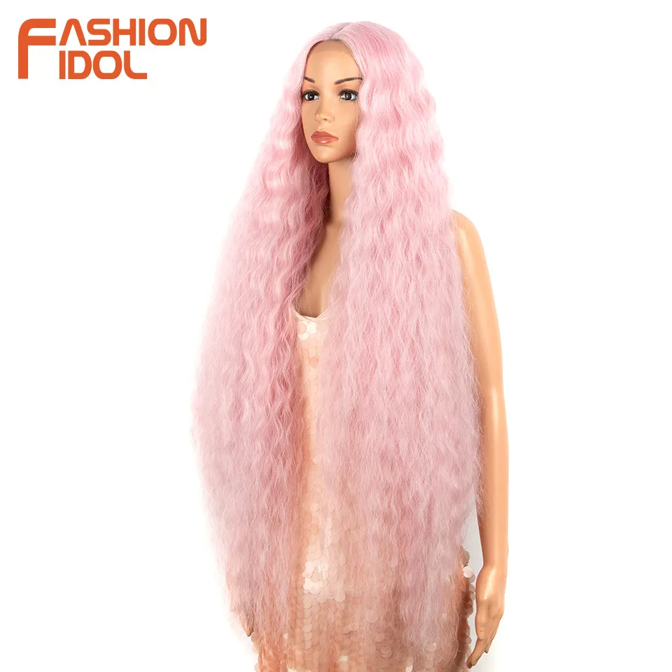 FASHION IDOL 42 Inches Lace Wig Hair Synthetic Wigs For Black Women Ombre Blonde Pink Water Wavy Long Curly Hair Wigs Cosplay