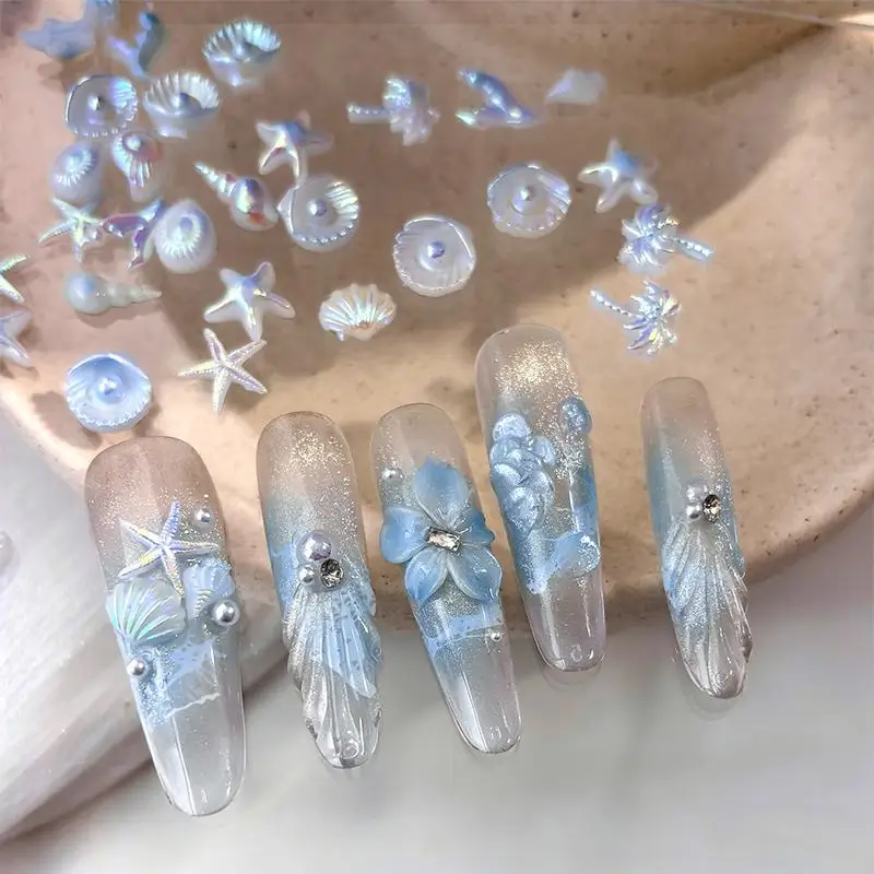 50Pcs Ocean Nail Art Charms Aurora Shell Starfish Mermaid Tail Nail Art Decors Gem Beach Rhinestone Ice Clear Nail Decorations