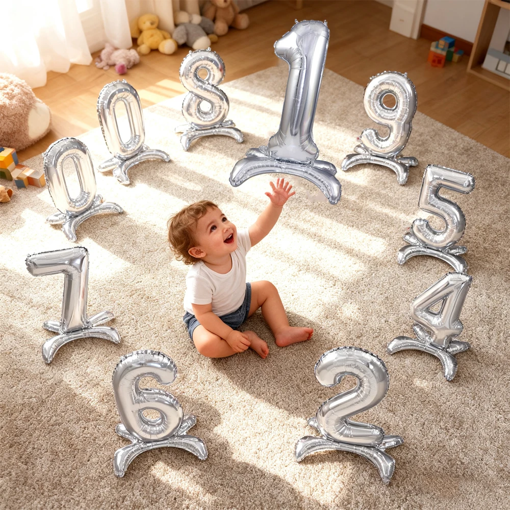 

32inch Number Balloons Silver Standing Foil Mylar Helium Balloon For Birthday Party Aniversaries Celebration Decoration Supplies