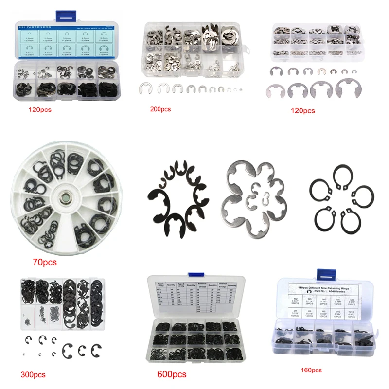 

70-600 pcs/box stainless/black steel combination E-type circlip kit snap ring set, snap ring fixing ring stainless/black steel