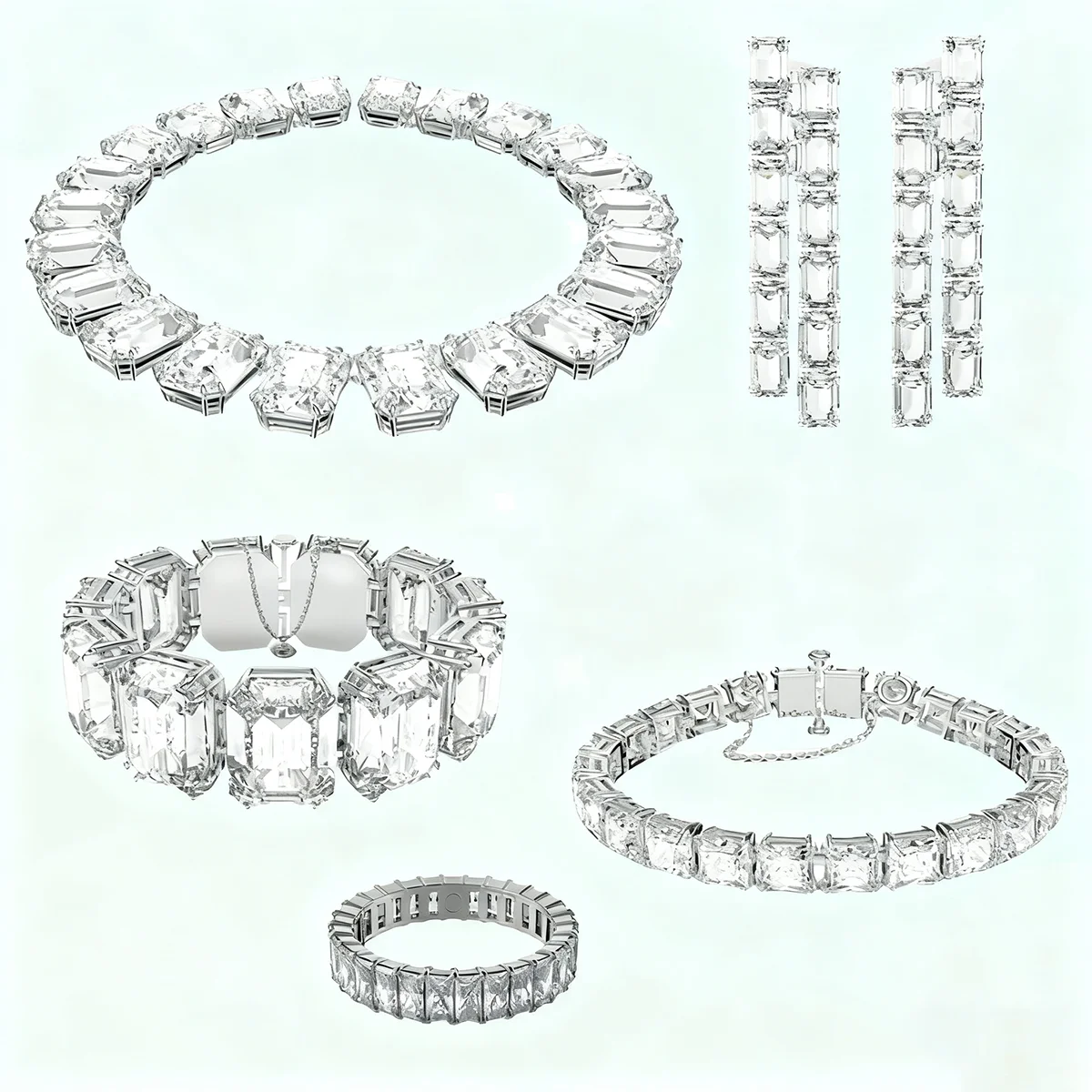 

2025 New White Crystal Set Necklace Bracelet Earrings Mixed Cut Fashion Women Accessories Jewelry Christmas Gift