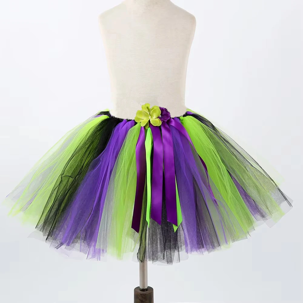 Green Black Purple Witch Tutu Skirt Outfit for Girls Halloween Dress Up Costumes with Flower Hat Broom Kids Fluffy Ballet Tutus