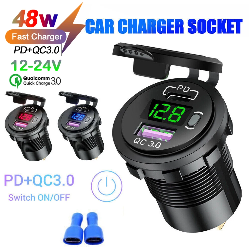 

48W PD QC3.0 Car USB Charger Socket 12/24V Dual Ports Fast Charging Power Outlet with LED Voltmeter for Car Marine Motorcycle RV