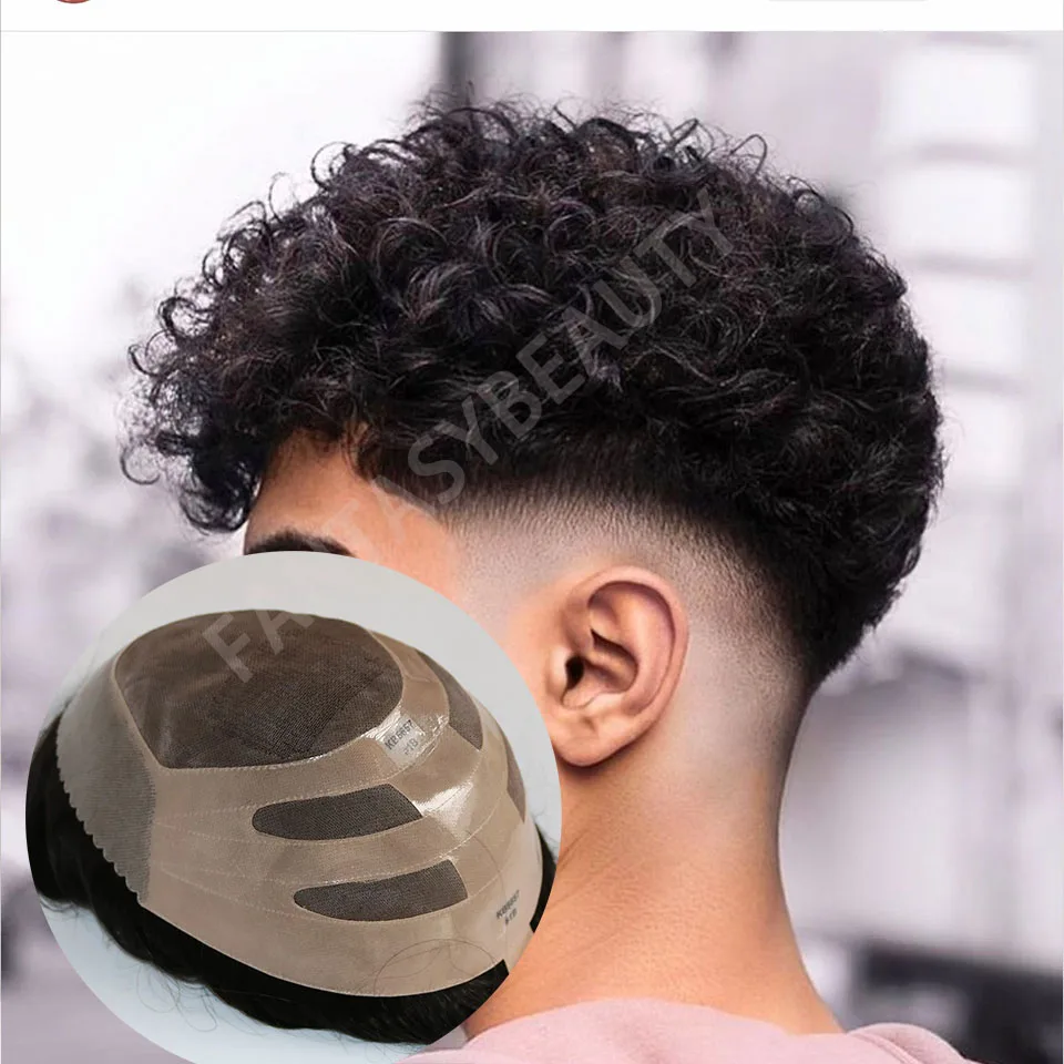 

15mm curly Brown Bond Natural Hairline Mono Lace Top&Pu Breathable 100% Human Hair Grey Afro Men Toupee Bald Capillary Prosthesi