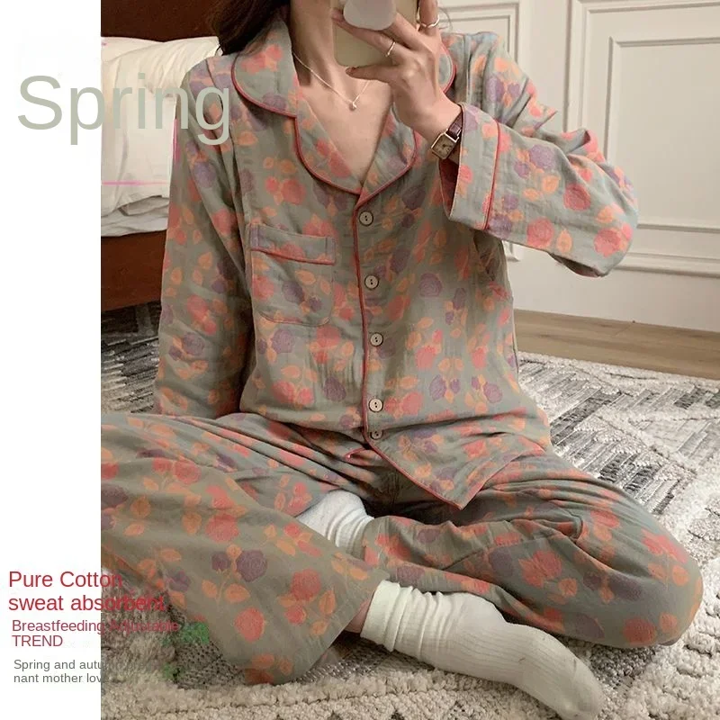 After Delivery Confinement in Childbirth Spring and Autumn Absorb Sweat Ventilate Pajamas Lactation Adjustable Set Pure Cotton