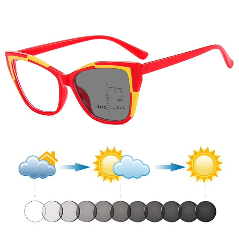 

Новые женские фотохромные прогрессивные очки TR90 с линзами «кошачий глаз» и цветными вставками, для чтения, от дальнозоркости, мультифокальные, темные очки
