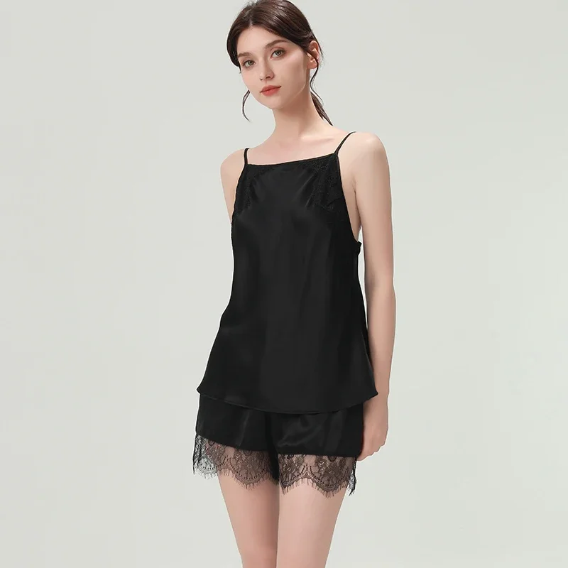 

19 мм комплект камзола из 100% натурального шелка, шорты без рукавов с кружевной отделкой, пижама, женский жилет, топ, одежда для сна, летняя домашняя одежда, пижамы, ночная рубашка