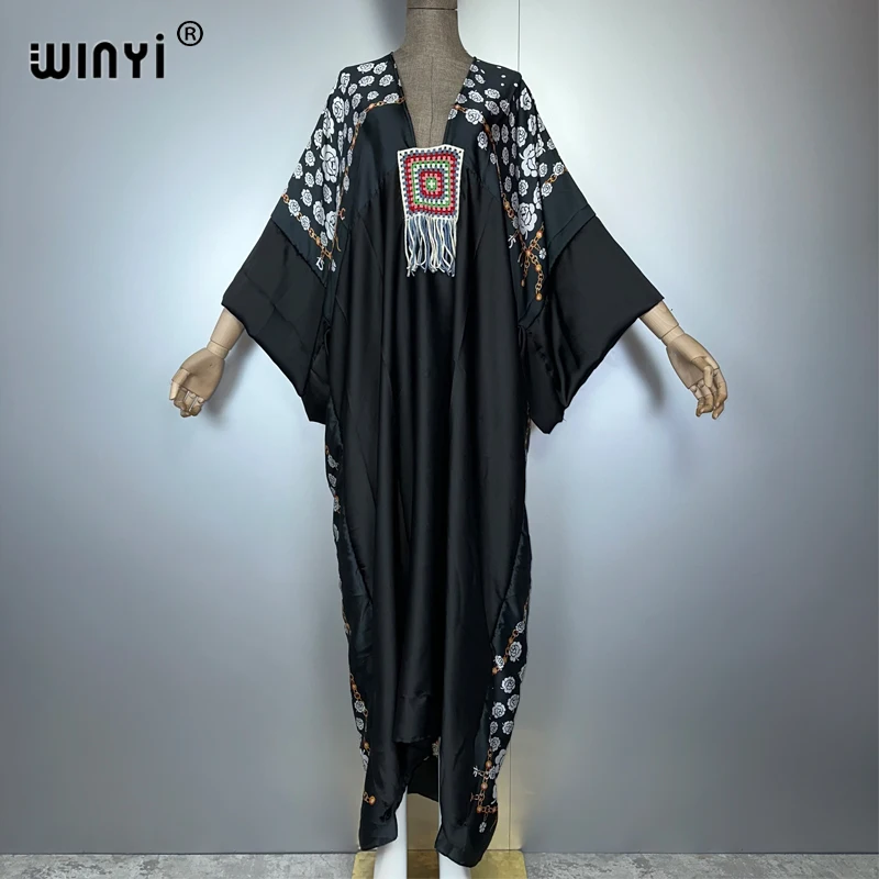 WINYI boho evening dress dubai luxury Female loose kaftan muslim woman clothing holiday beach dress fashion silk feeling Caftan