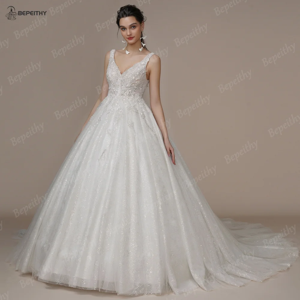 BEPEITHY Customized Bride Luxury V Neck Crystal Wedding Dresses 2023 Court Train Beading Exquisite Ivory Bridal Ball Gown Spring