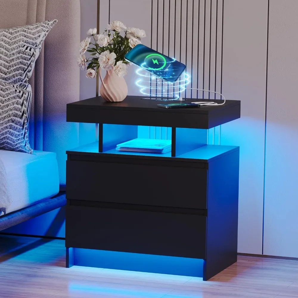 

Nightstand with Charging Station and LED Light, with 2 Drawers, with USB Ports and Wireless Charger, Bedside Table for Bedroom