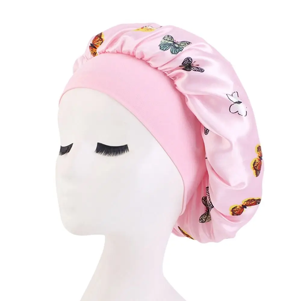 Fashion Butterfly Print Sleeping Cap Wide Brim Hair Care Turban Hat Washing Face Satin Make-up Cap for Women